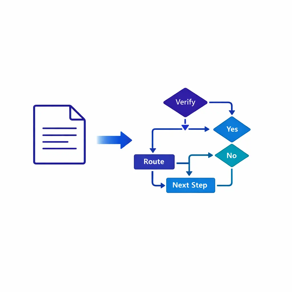 A scripted page transforms into a branching call map with decision nodes and arrows in blue line art.