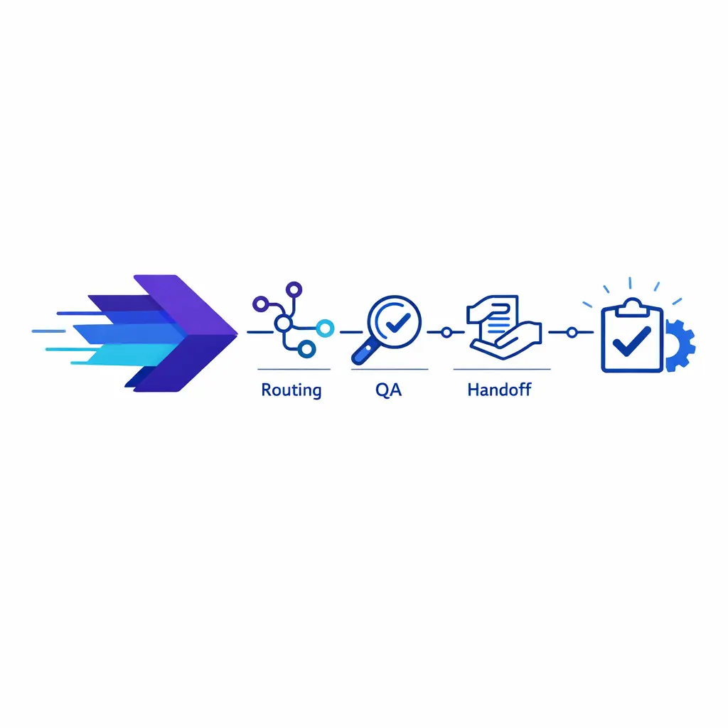 A fast arrow meets quality and routing checkpoints before reaching a resolved customer outcome.