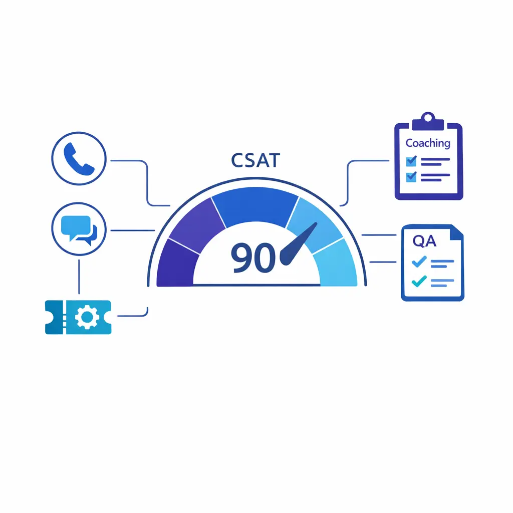 A supervisor dashboard shows CSAT tied to calls, chats, and tickets for fast coaching decisions.