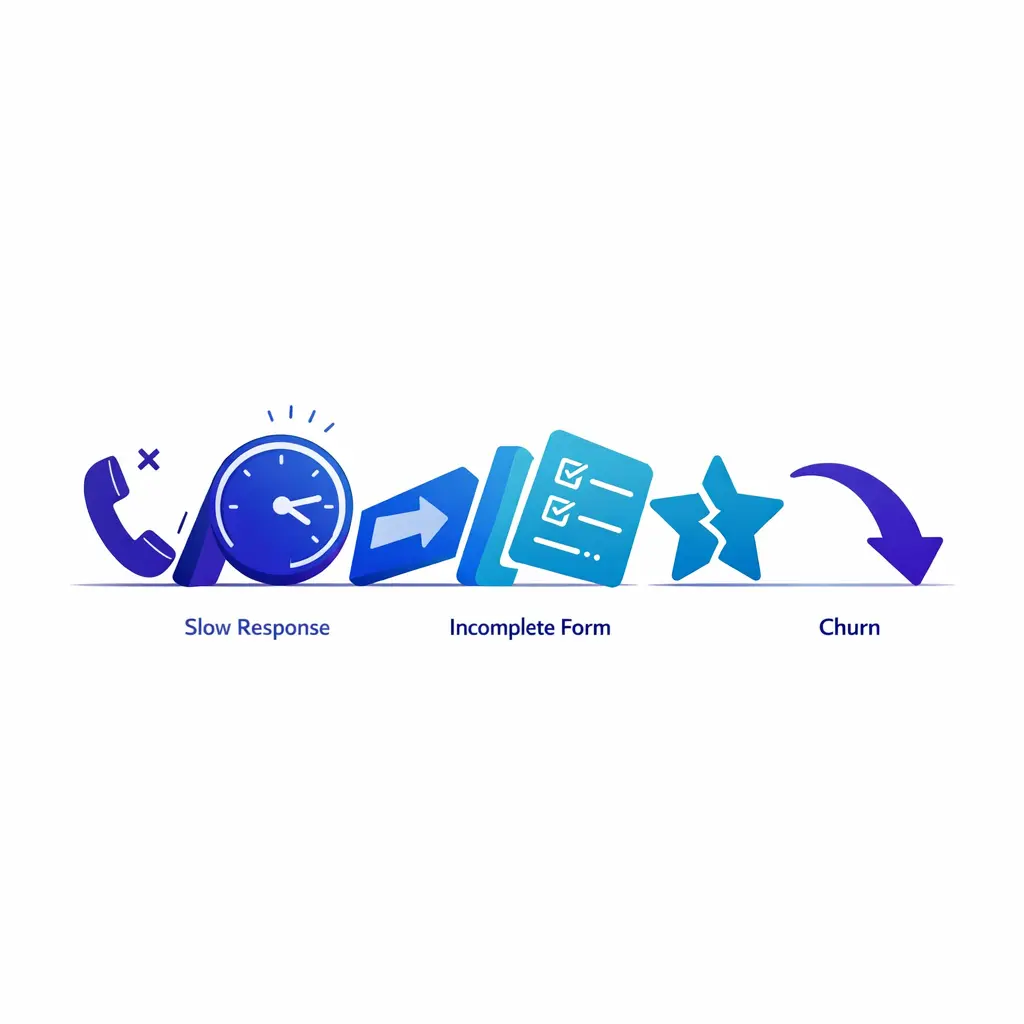 A row of simple blue domino tiles shows missed call, delay, handoff, and churn icons falling in sequence.