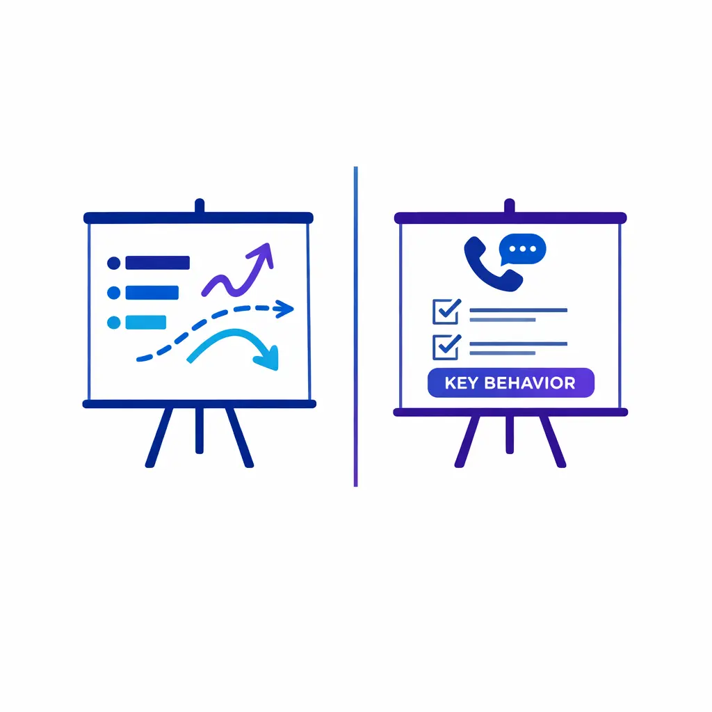 Two contrasting meeting boards show generic updates on one side and behavior coaching on the other.