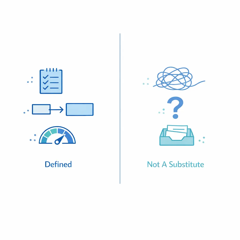 A split-panel illustration contrasts defined processes and SLAs versus vague ownership and unmanaged work.