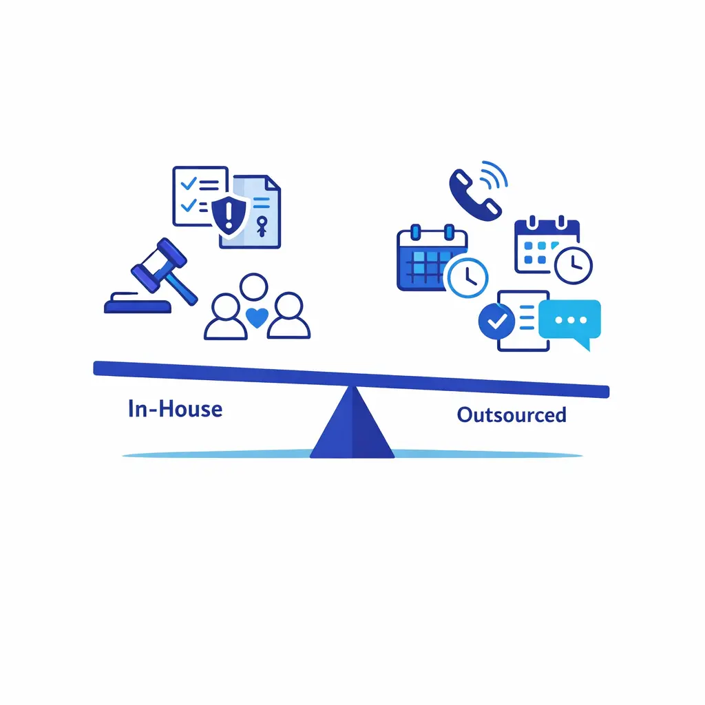 A balanced split diagram compares internal complex work with outsourced high-volume workflows in simple blue icons.