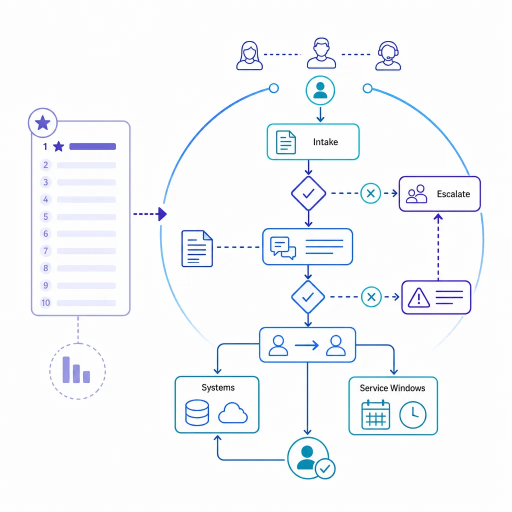 A ranked list fades behind a detailed workflow map, showing that generic BPO rankings miss real operational fit.
