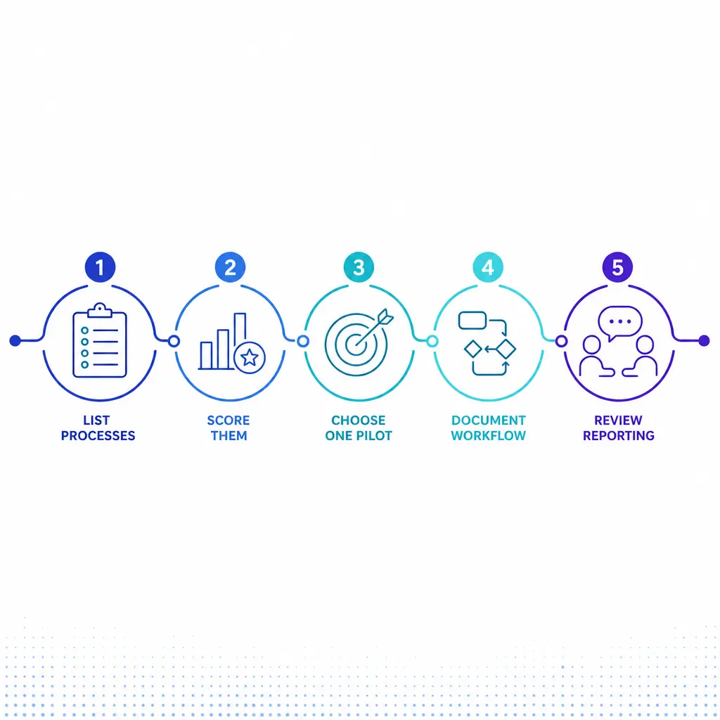 A simple action path guides teams from process list to scoring, pilot, reporting, and specialist review.