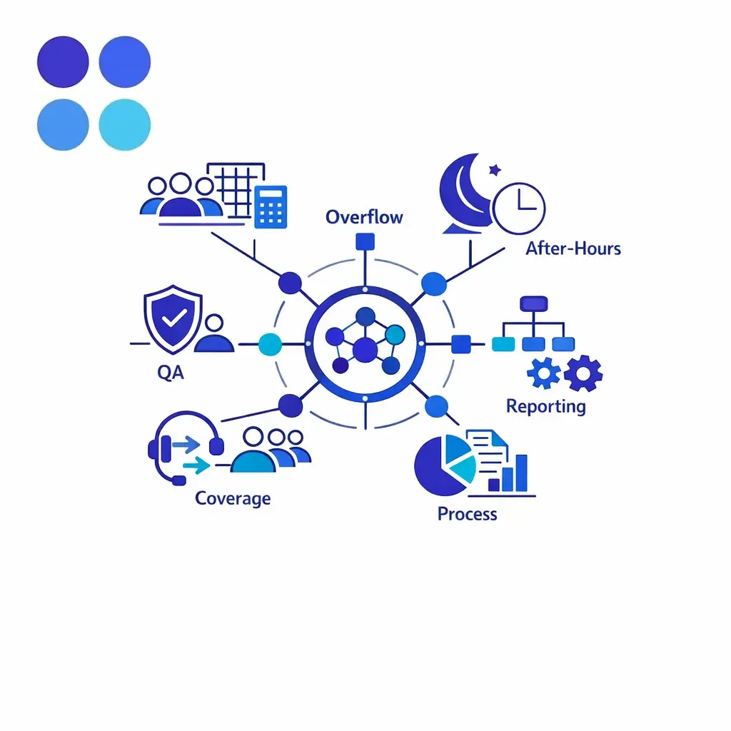 A polished central operations map connects staffing math, overflow, after-hours, QA, and reporting.