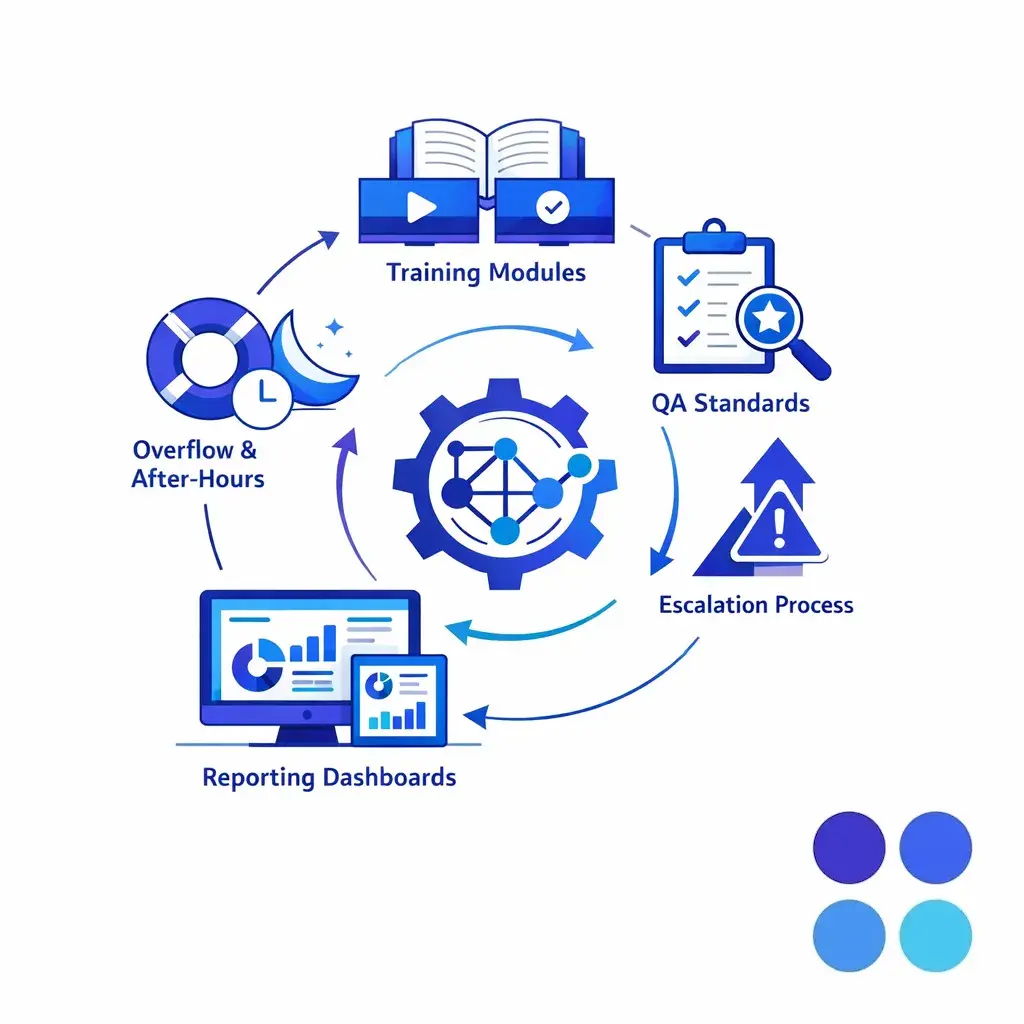An end-to-end service framework links training, QA, coverage, and reporting for growth.
