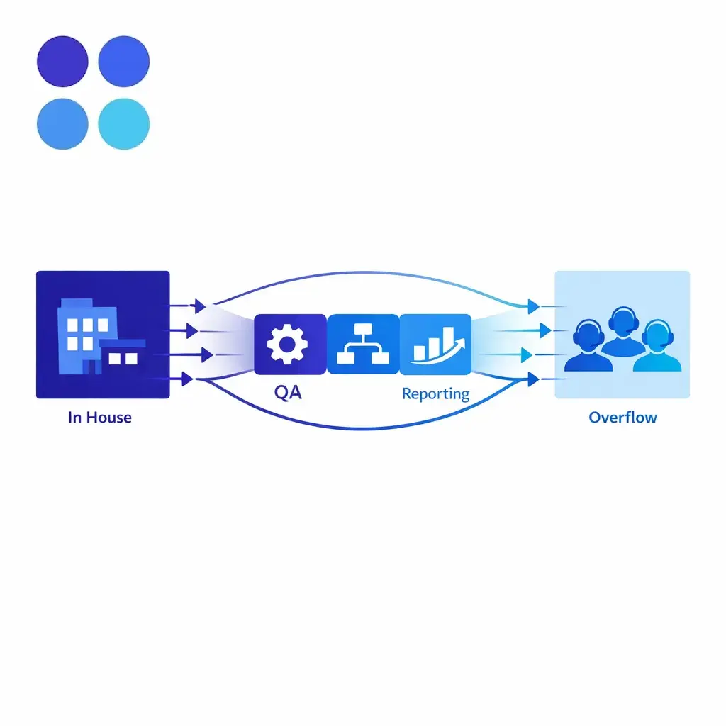 A blended support model combines internal teams and scalable external coverage in one clear system.