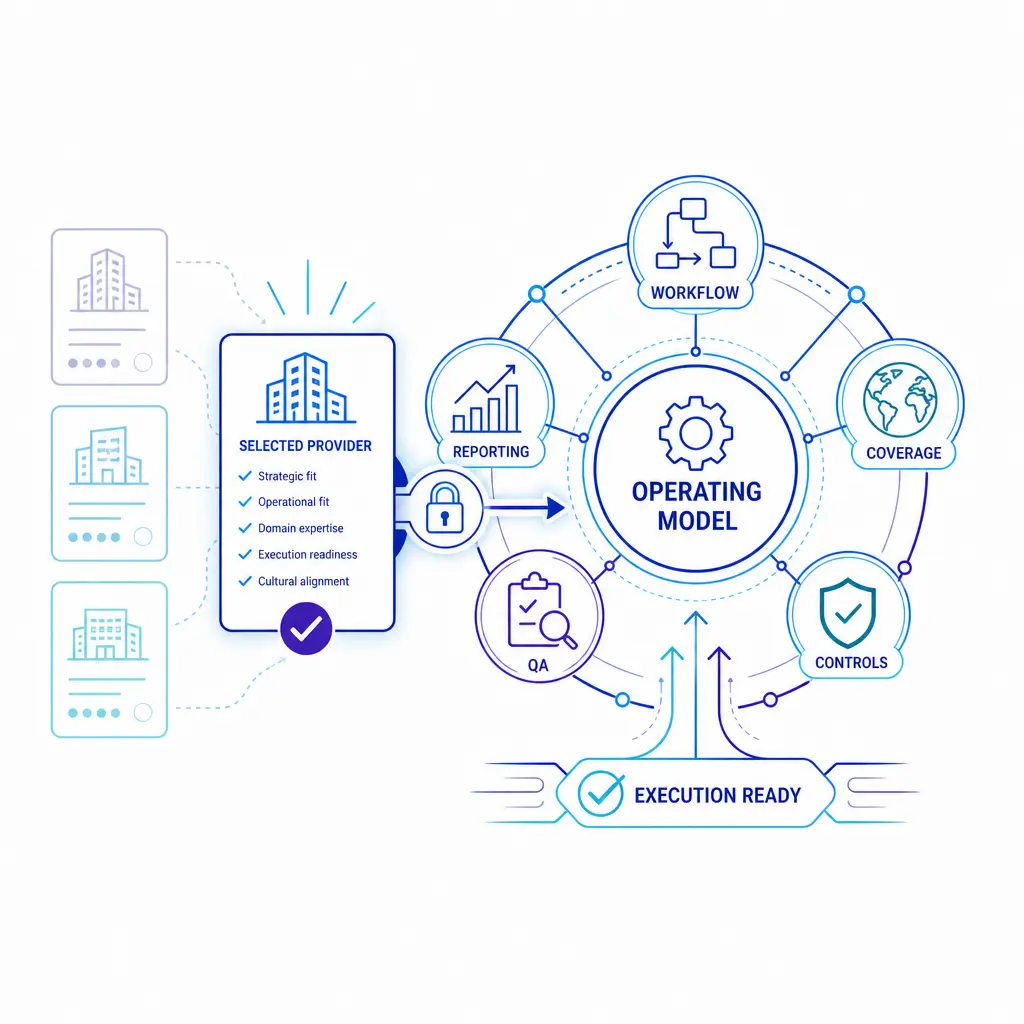 A final partner selection visual shows one provider aligned to workflow, controls, coverage, and reporting.