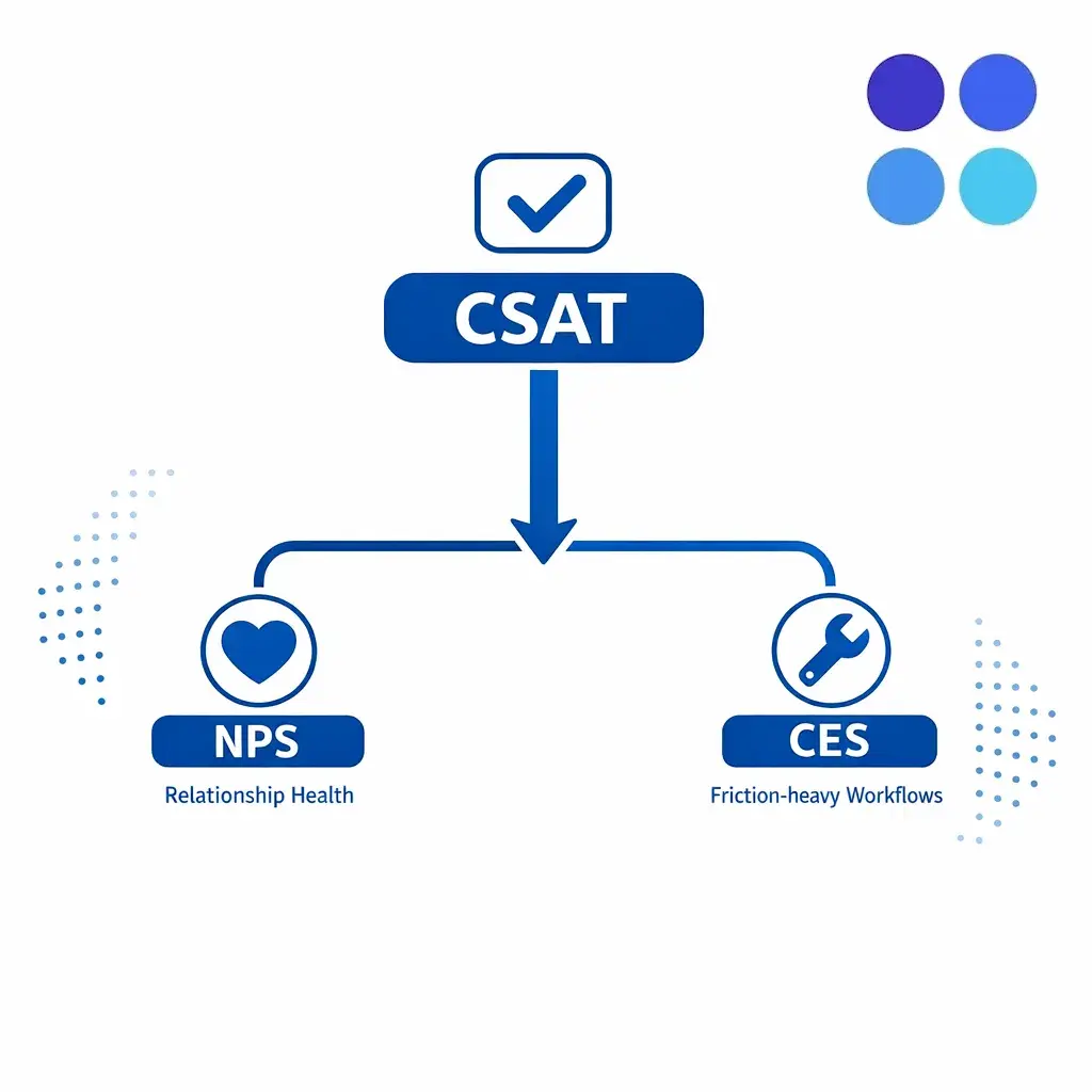 A final decision graphic recommends CSAT first, with NPS and CES added for broader context.