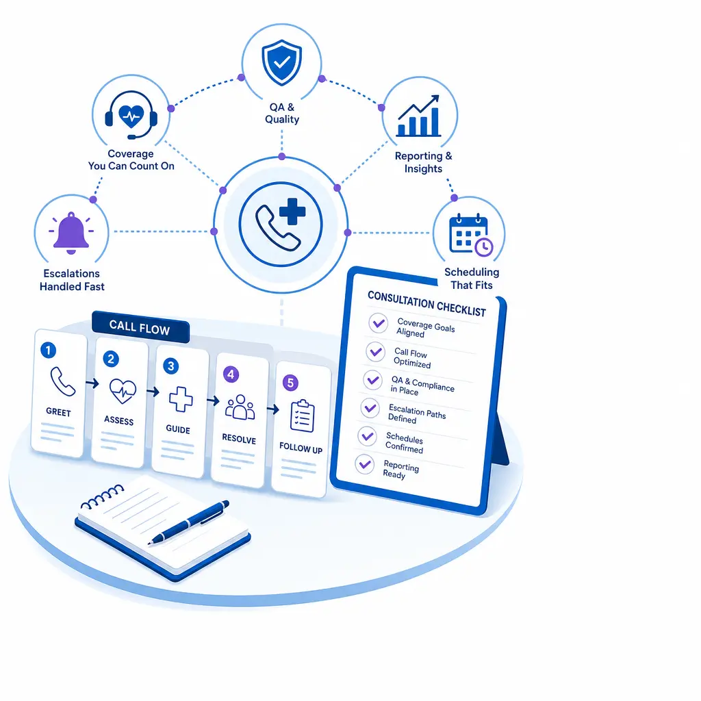 A calm discovery-call scene uses diagrams and call-flow cards to suggest a consultative vendor evaluation.