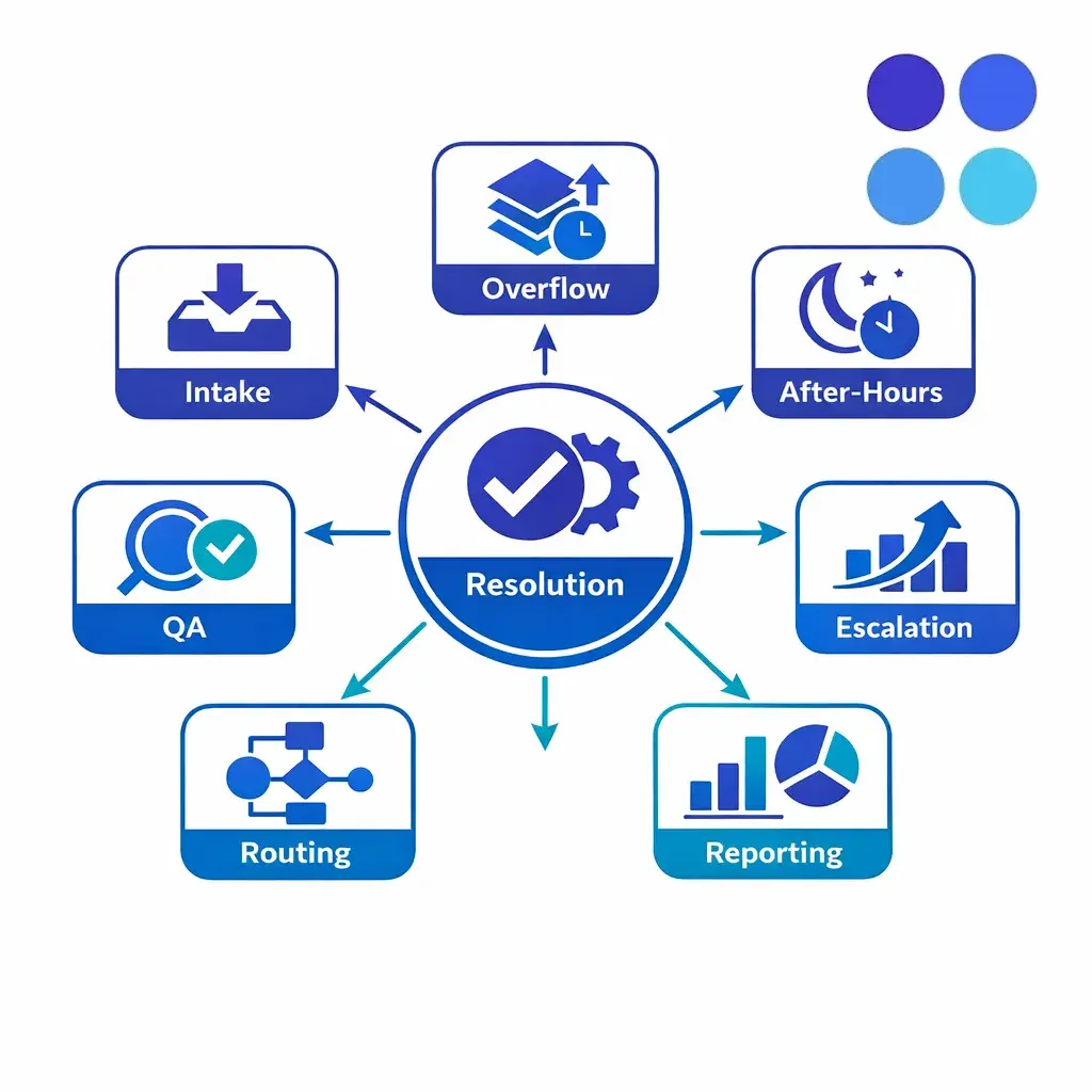 Enterprise coverage model connects intake, overflow, after-hours, QA, and reporting to better resolution.
