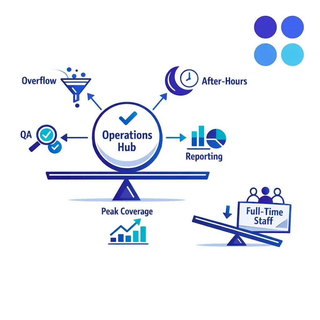 A flexible coverage model balances overflow, after-hours, and peak support without a full-time staffing increase.