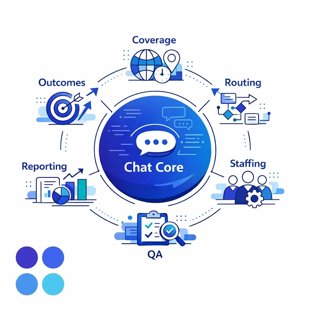A polished operations graphic unifies coverage, QA, routing, staffing, reporting, and outcomes in one system.