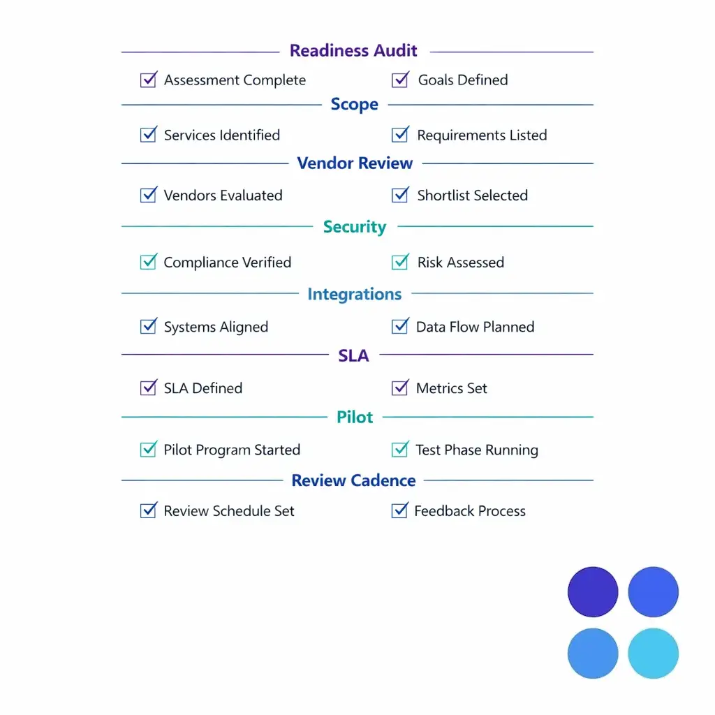 A tidy prelaunch checklist summarizes readiness, vendor fit, SLA, systems, pilot, and review cadence.