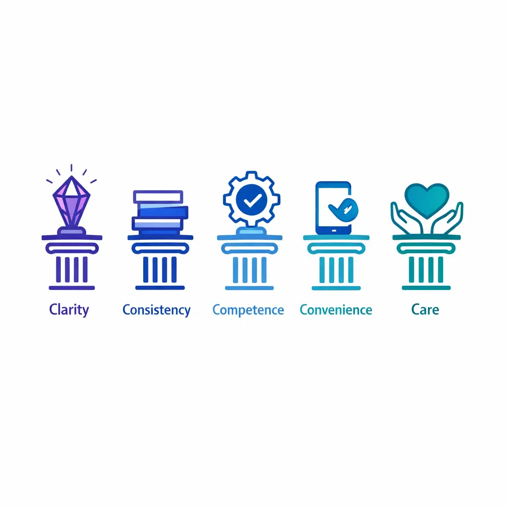 Clarity, consistency, competence, convenience, and care appear as five balanced pillars for reviewing service quality.