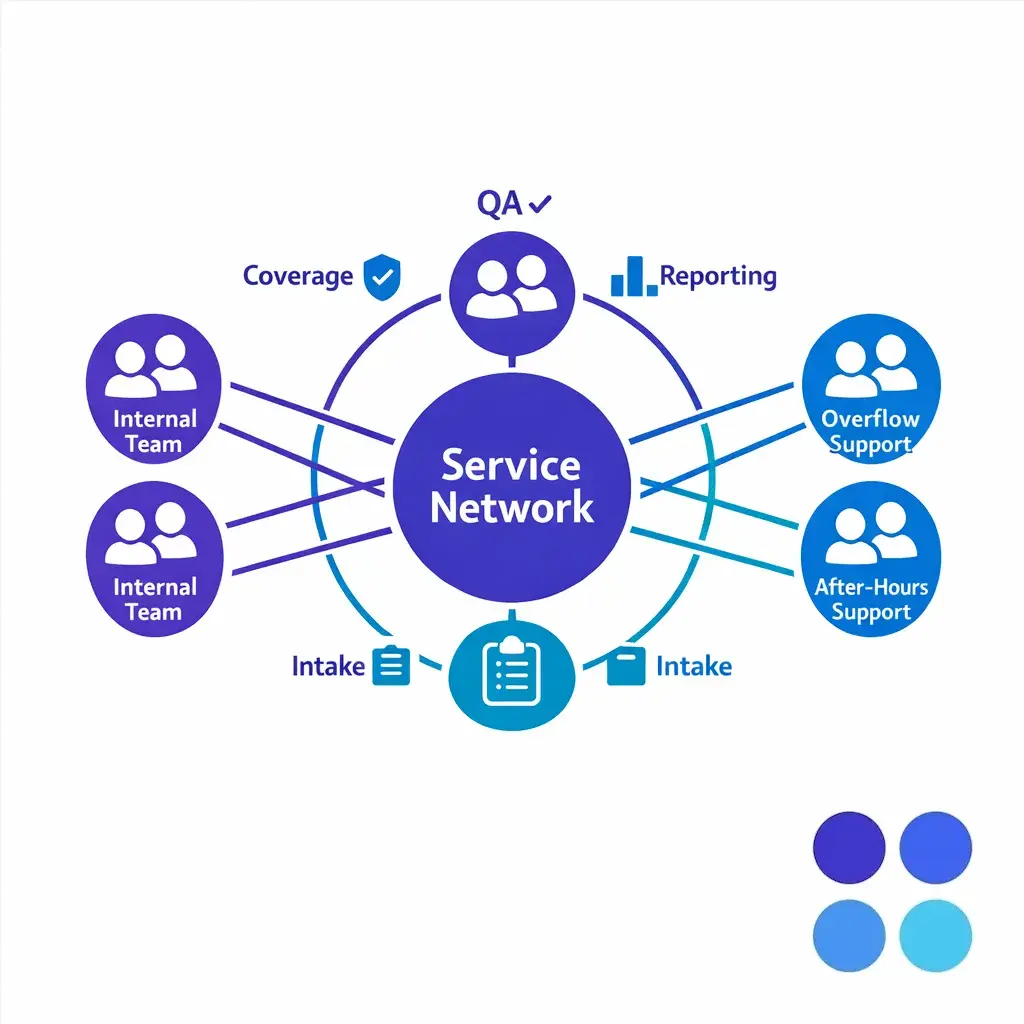 A unified service network shows internal teams and overflow support aligned around QA and coverage.