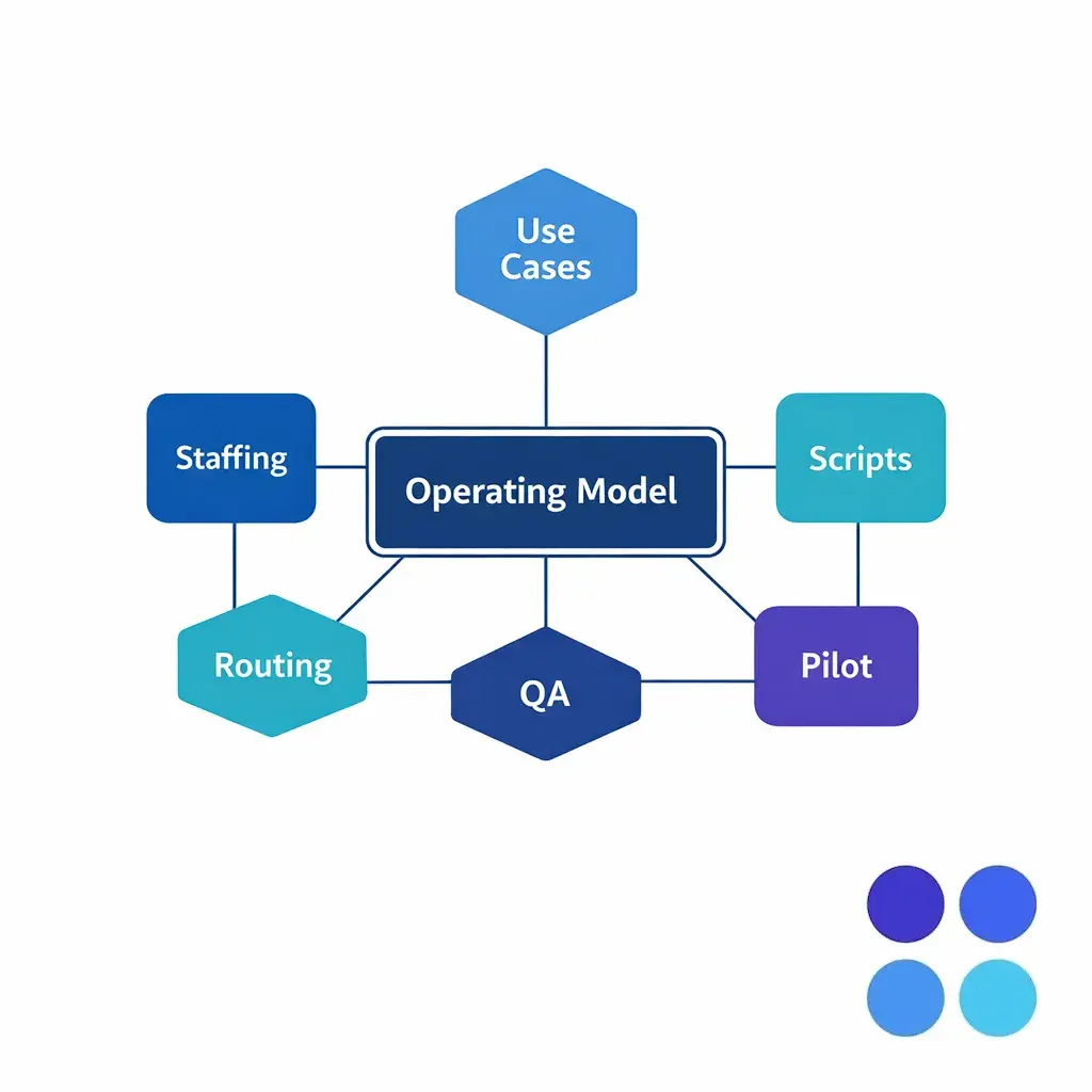 A central blueprint links use cases, staffing, scripts, routing, QA, and pilot planning into one launch map.