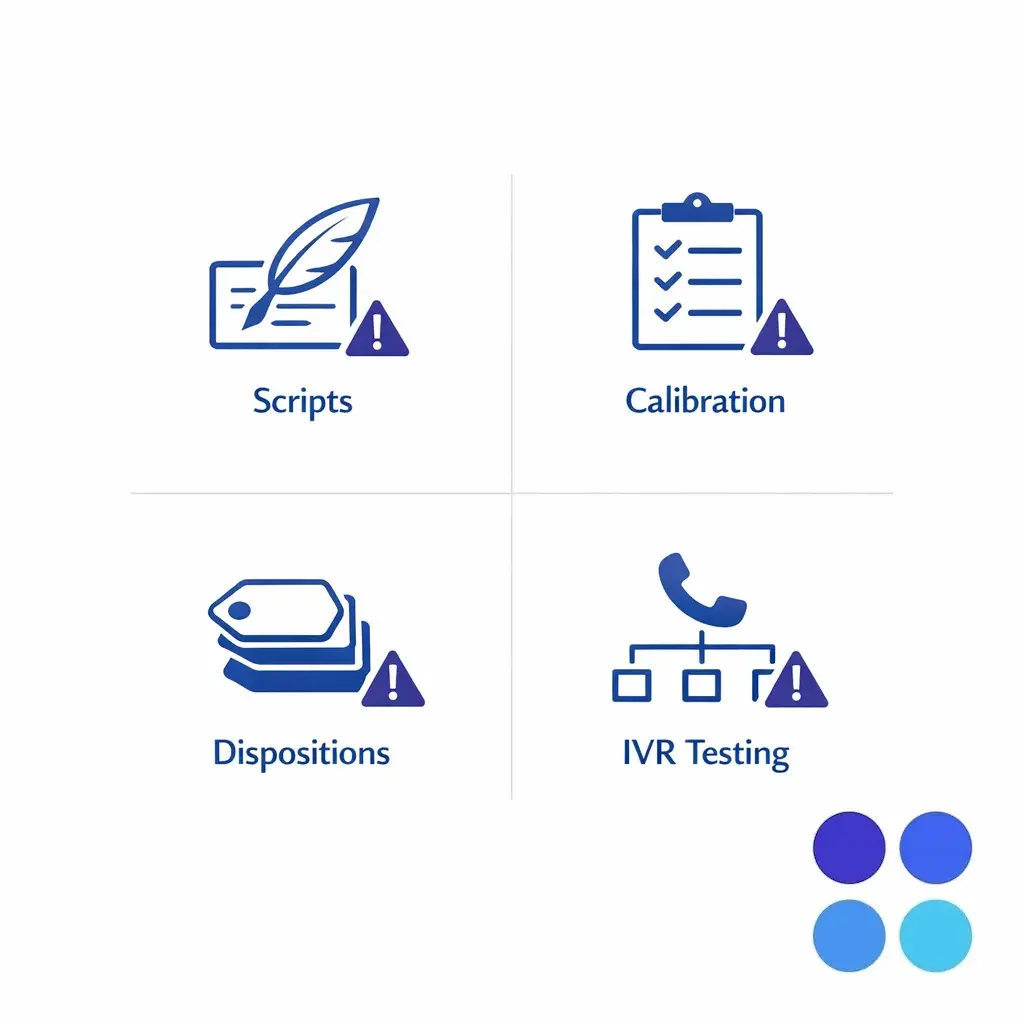 Four warning cards highlight common transition mistakes like no calibration, too many dispositions, and untested IVR paths.