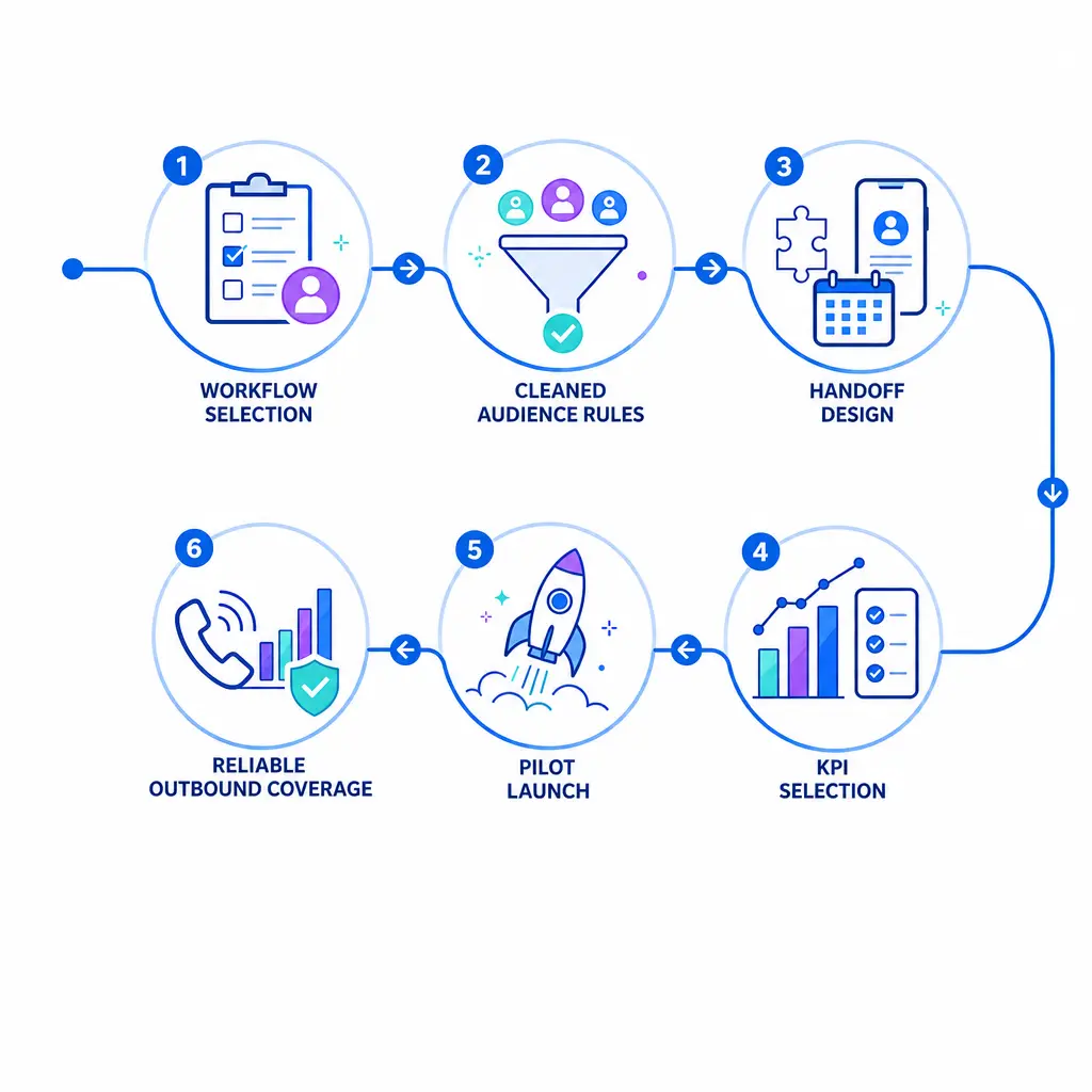 A polished roadmap brings together workflow choice, KPIs, integrations, and reliable outreach coverage.