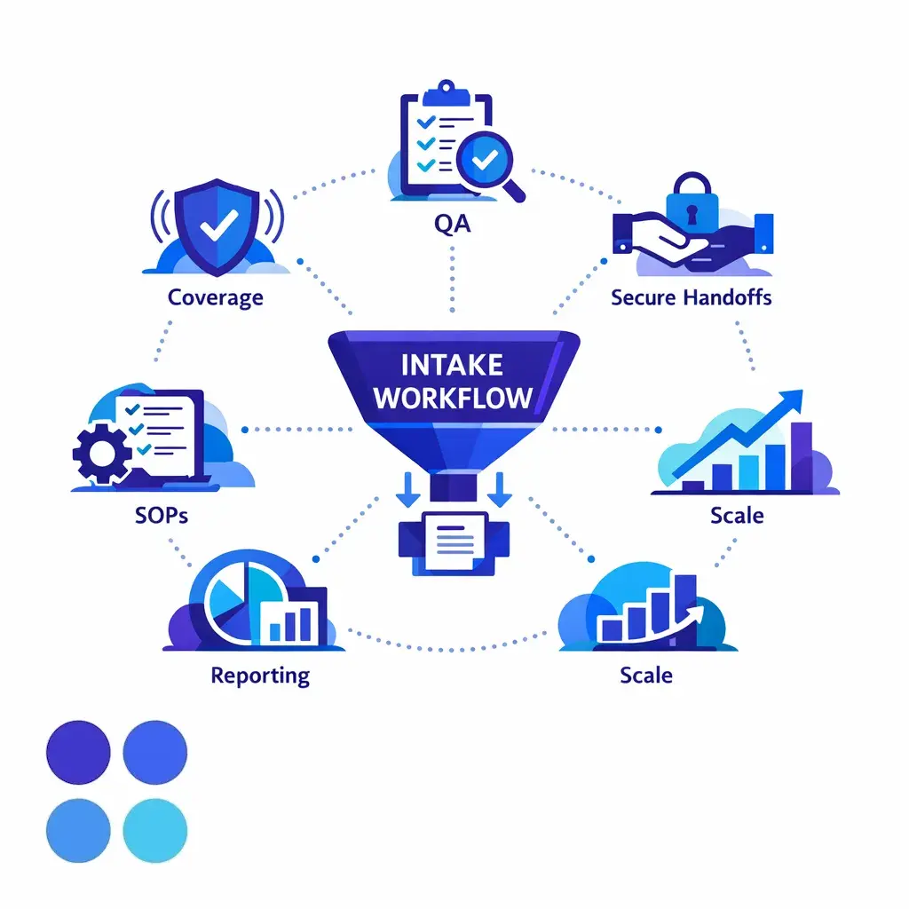 A balanced intake support model shows coverage, QA, secure handoffs, and controlled scale.