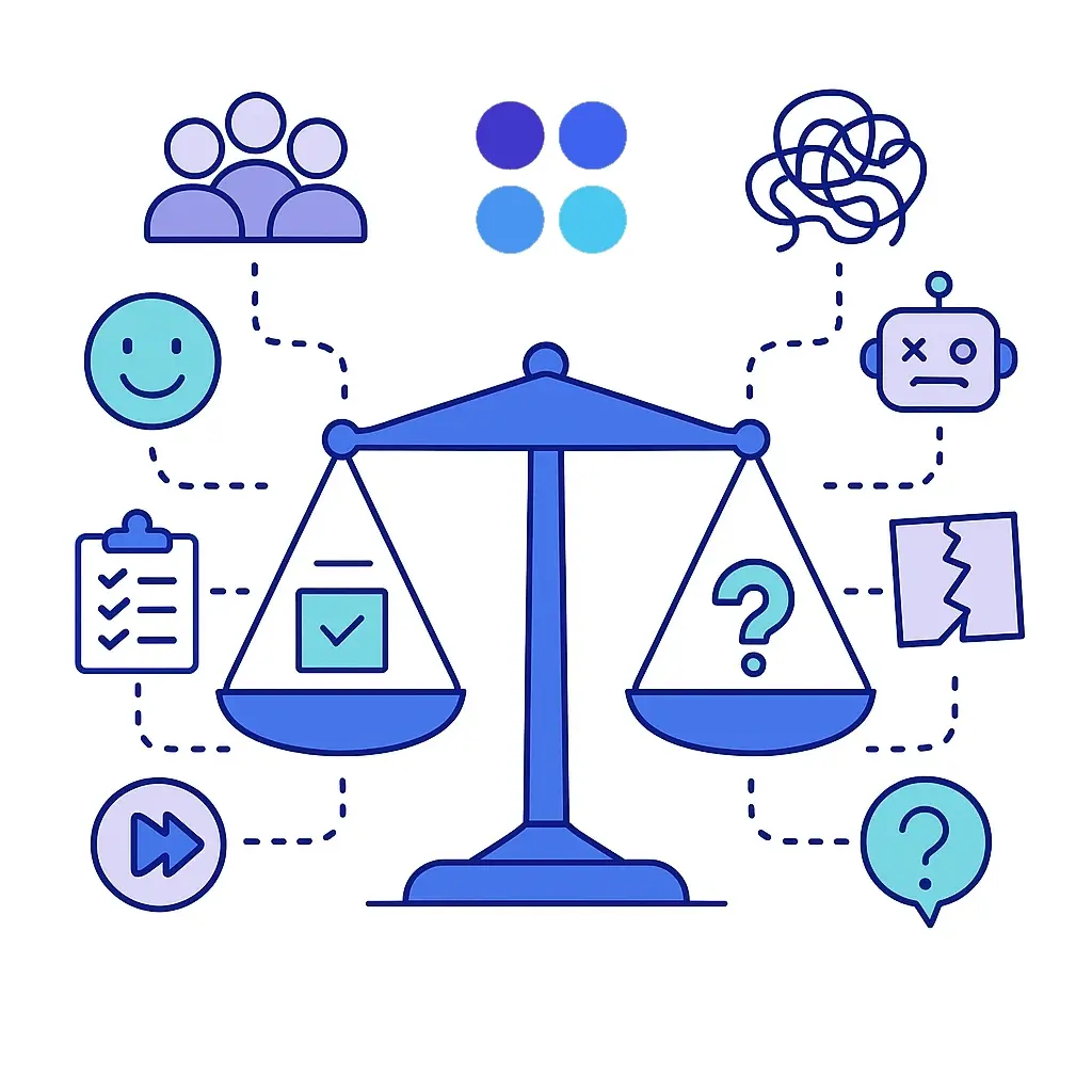 Balanced scale graphic showing the benefits and risks of 2026 call center trends for growing businesses.