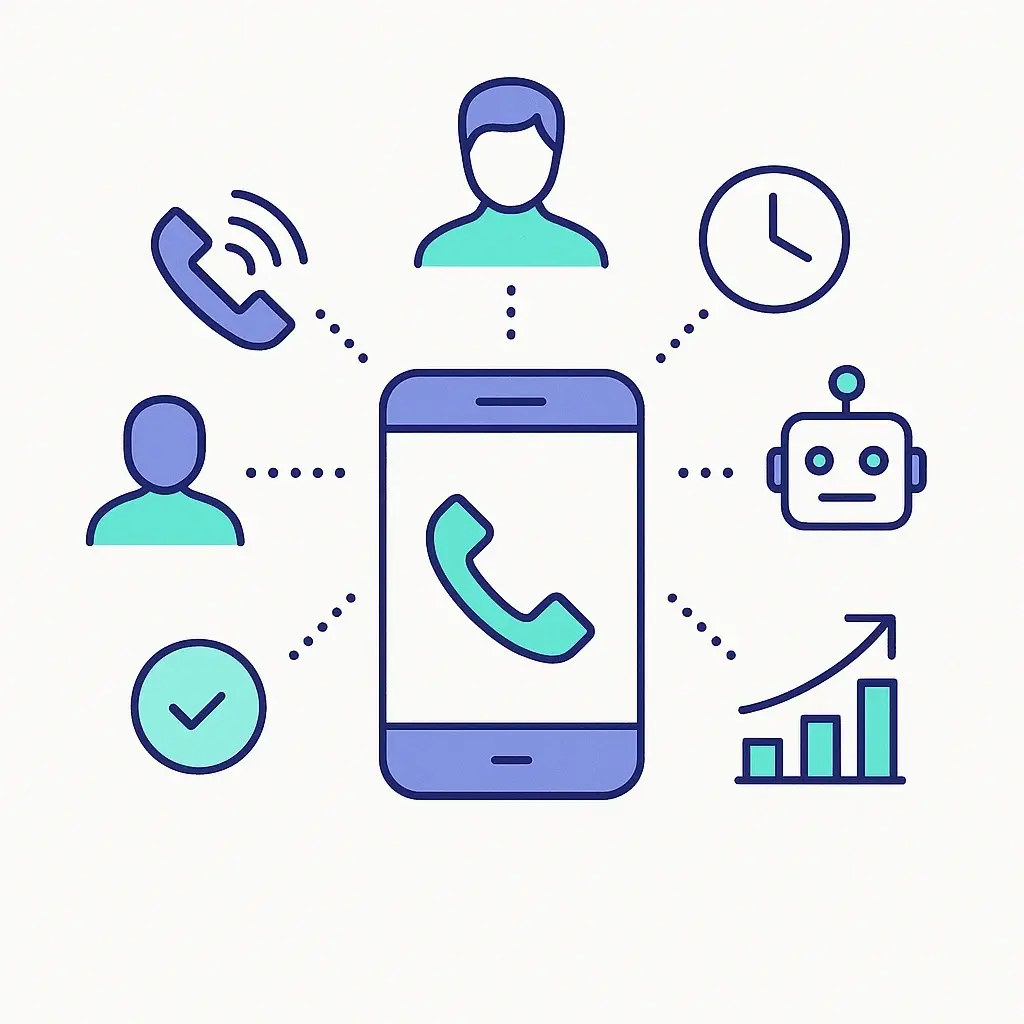 Illustration of smart phone coverage combining human agents, automation, consistency, and scalable growth.