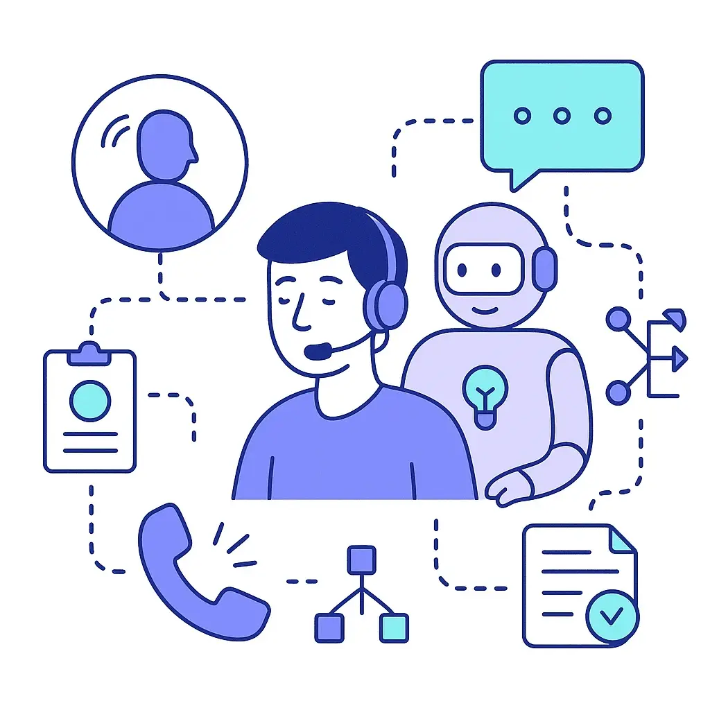 Illustration of a human call center agent supported by AI tools for intake, call routing, and real-time assistance.