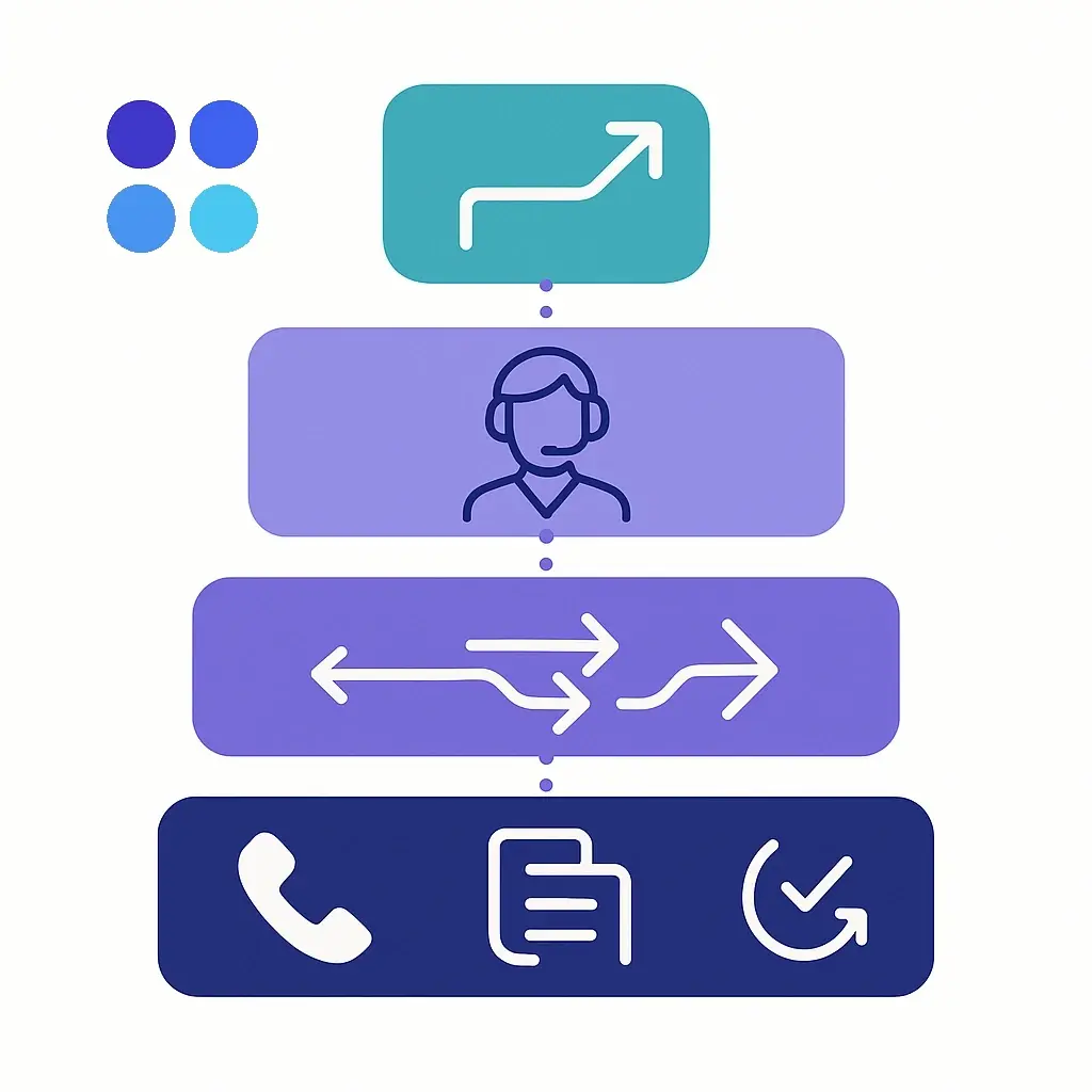 Layered diagram showing hybrid call coverage with always-on answering, intelligent triage, human handling, and escalation paths.