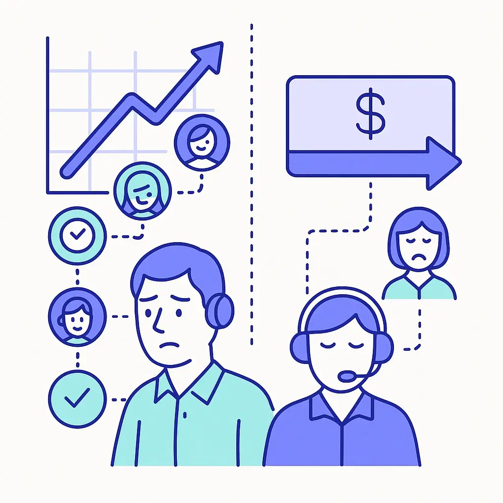 Visual contrast between rising customer service expectations and flat business budgets in modern call center operations.