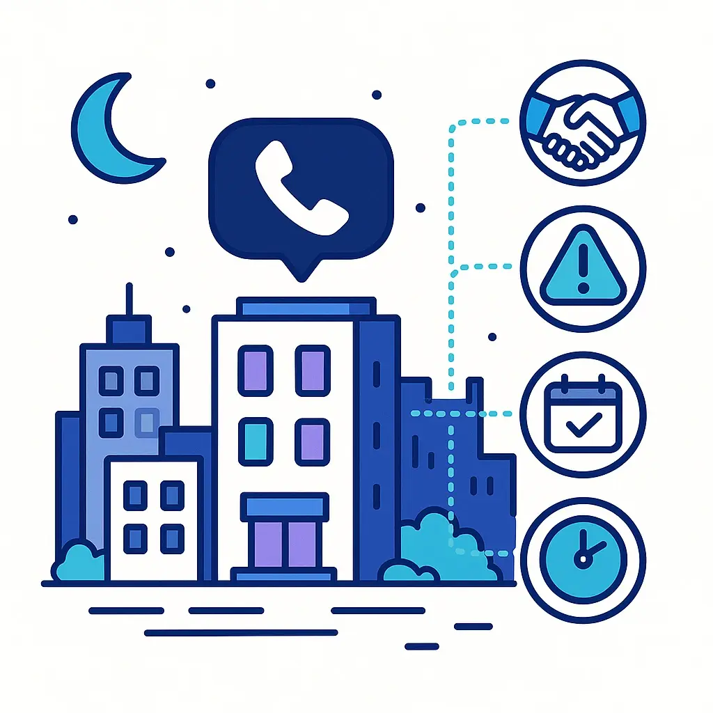 Illustration showing after-hours call coverage generating leads, handling urgent issues, and protecting revenue at night.