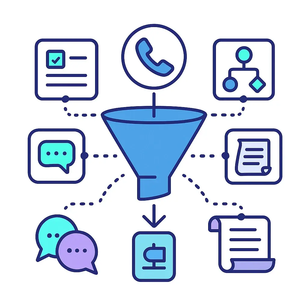 Visual of a configurable call intake system with lead qualification, scheduling, escalation rules, and custom workflows.