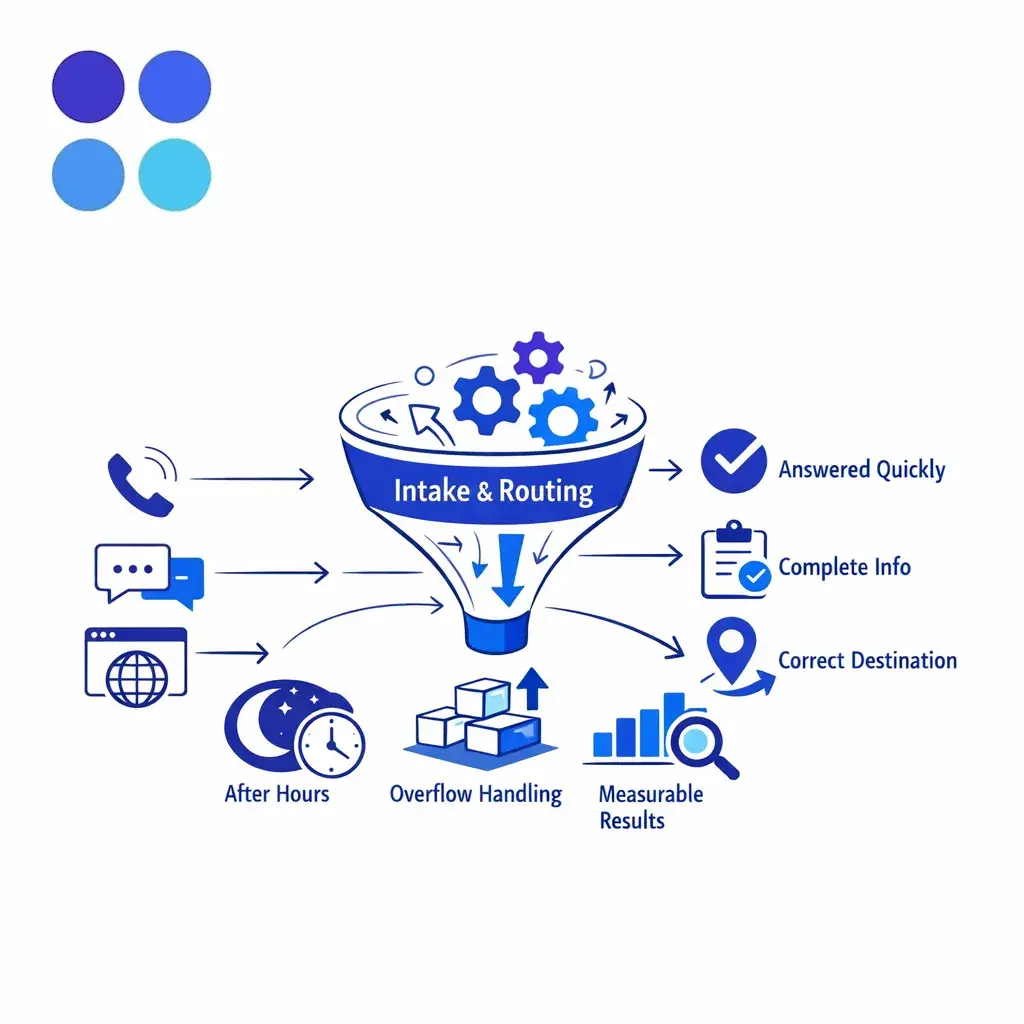 A polished operations model shows fast answers, complete intake, and consistent routing across every shift and channel.