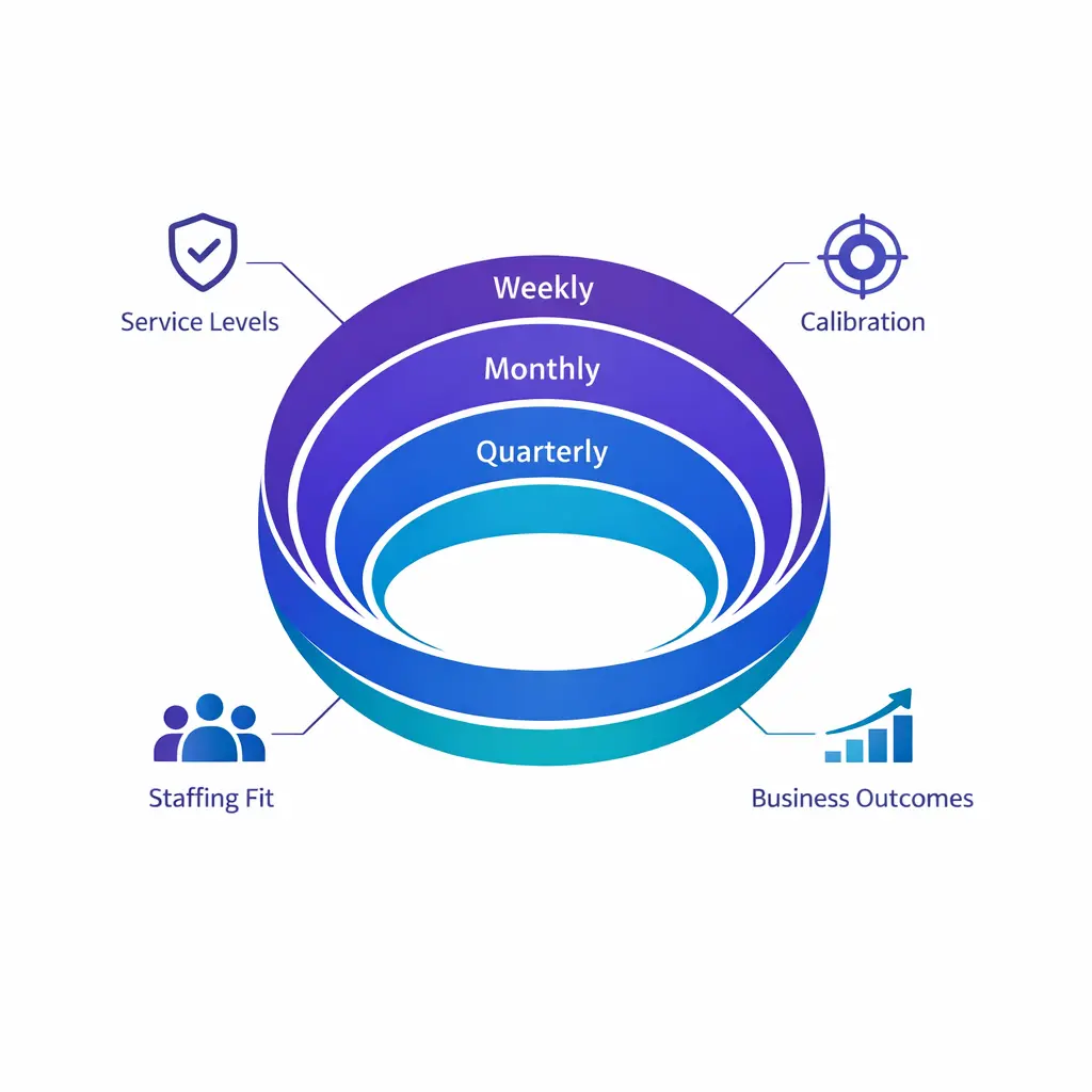 A governance rhythm visual organizes weekly monthly and quarterly reviews for outsourced support performance.