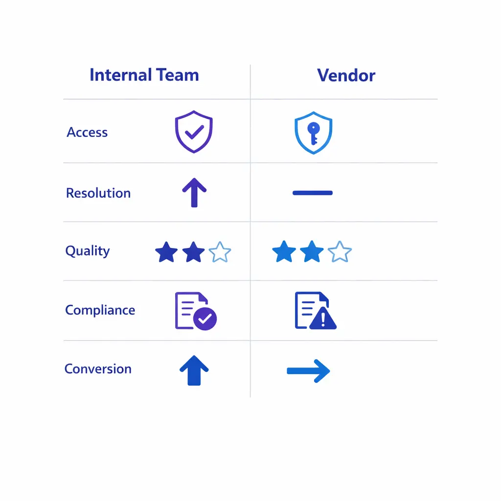 Parallel scorecards compare internal teams and vendors across access, quality, compliance, and conversion.