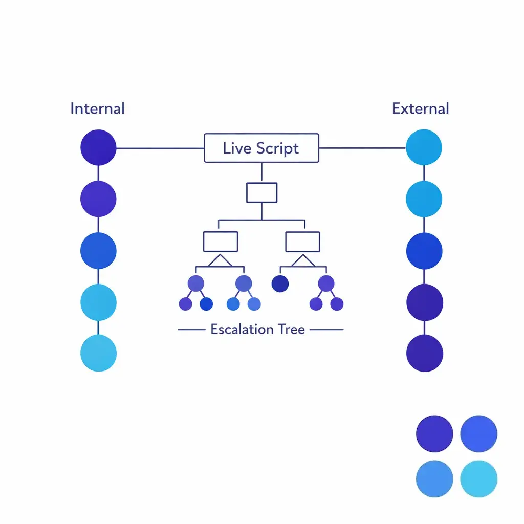 Internal and external teams share one synchronized script system for consistent high-volume coverage.