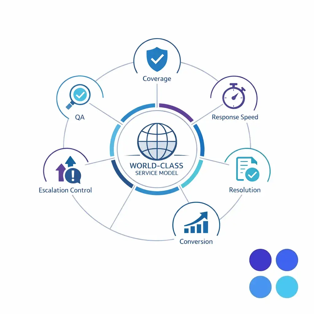 A polished enterprise framework brings coverage, QA, escalation, and conversion into one unified KPI model.