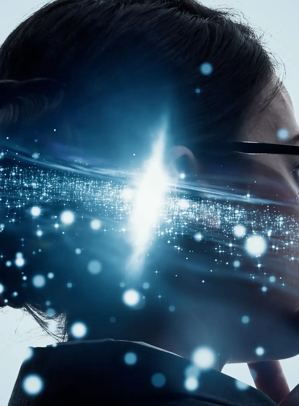 Digital art of a virtual receptionist with a glowing technological spark above their head, symbolizing innovative AI support.