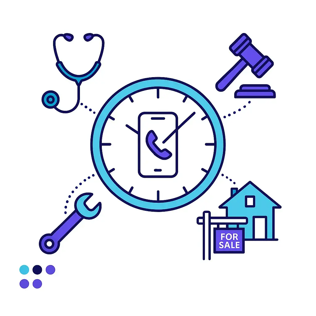 A central clock with phone icon connecting to icons for service trades, healthcare, legal, and real estate via dotted lines, on white background.