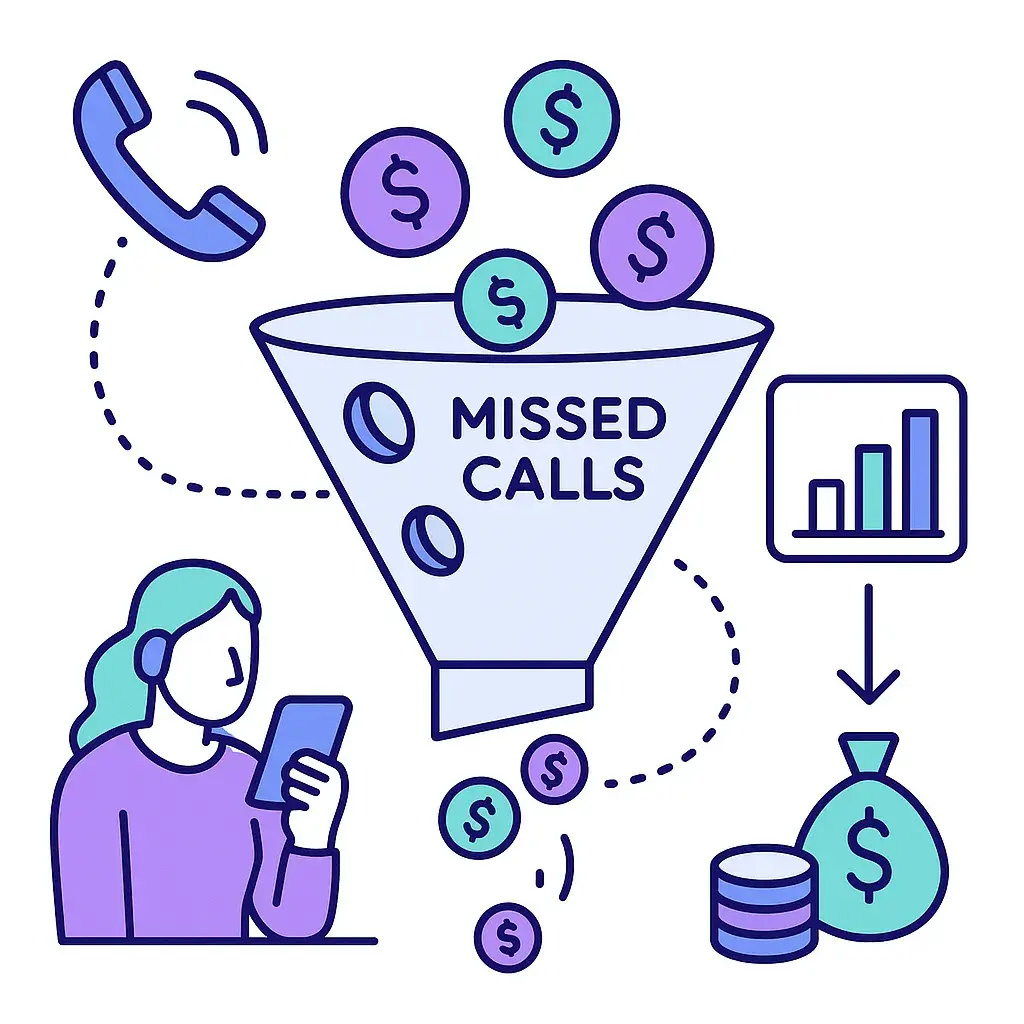 Coins falling through holes in a funnel labeled missed calls, illustrating lost advertising spend.