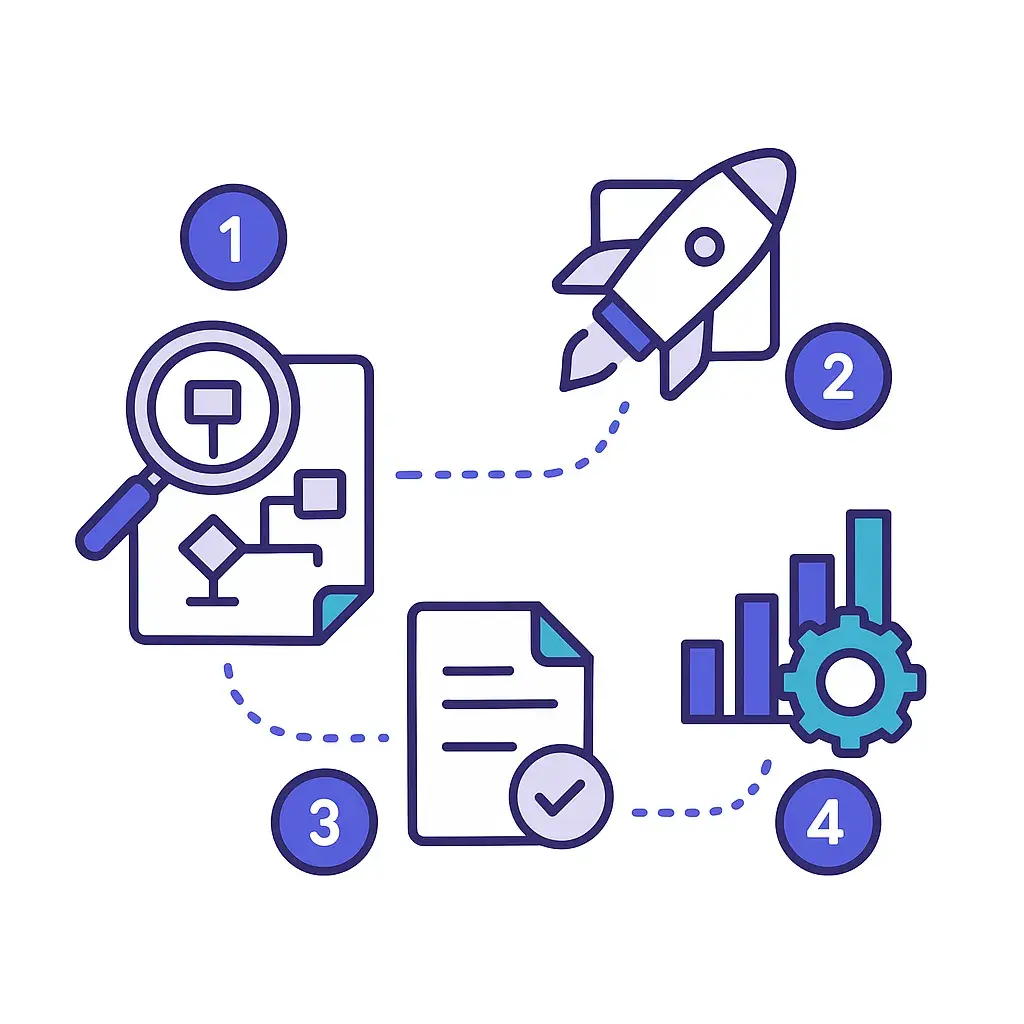Four numbered icons connected by dotted lines showing discovery, script drafting, pilot launch, and optimization.
