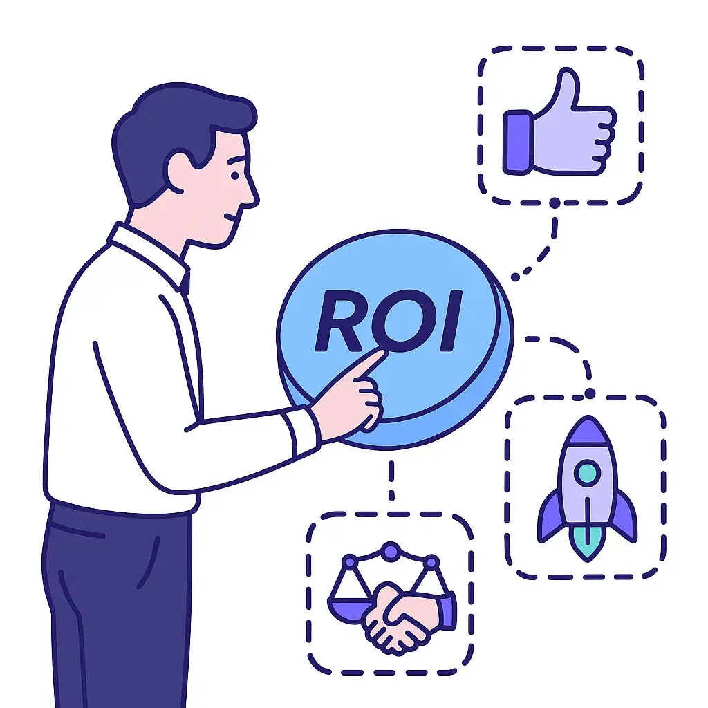 Business owner pressing an ROI button with dotted lines leading to handshake, rocket, and thumbs up icons.