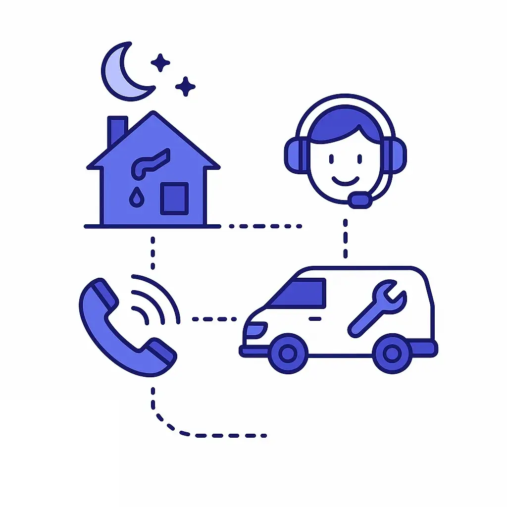 Nighttime scene of a leaking house with phone call, agent headset, and service van connected by dotted lines.