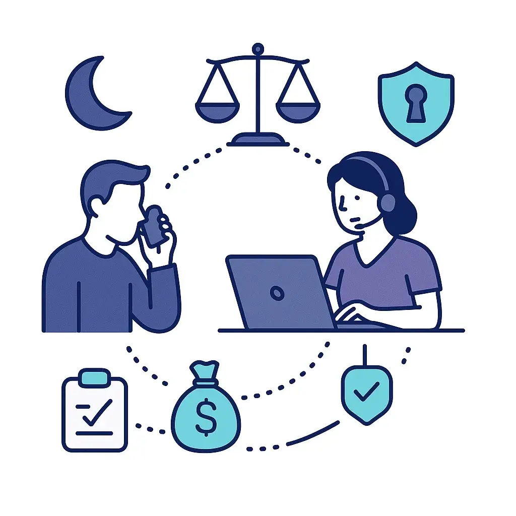 Caller reaching a legal intake agent with scales of justice, shield and clipboard icons, linked by dotted paths.