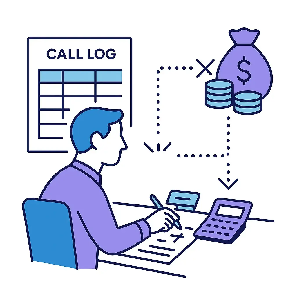 Person analyzing a call log and calculating ROI using a calculator and dotted lines to a money bag.