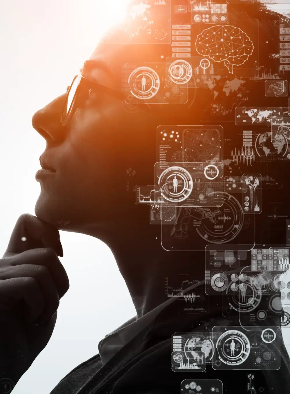 An artistic depiction of a person with multiple scientific and technological sketches emerging from her head, illustrating creative hybrid customer engagement.