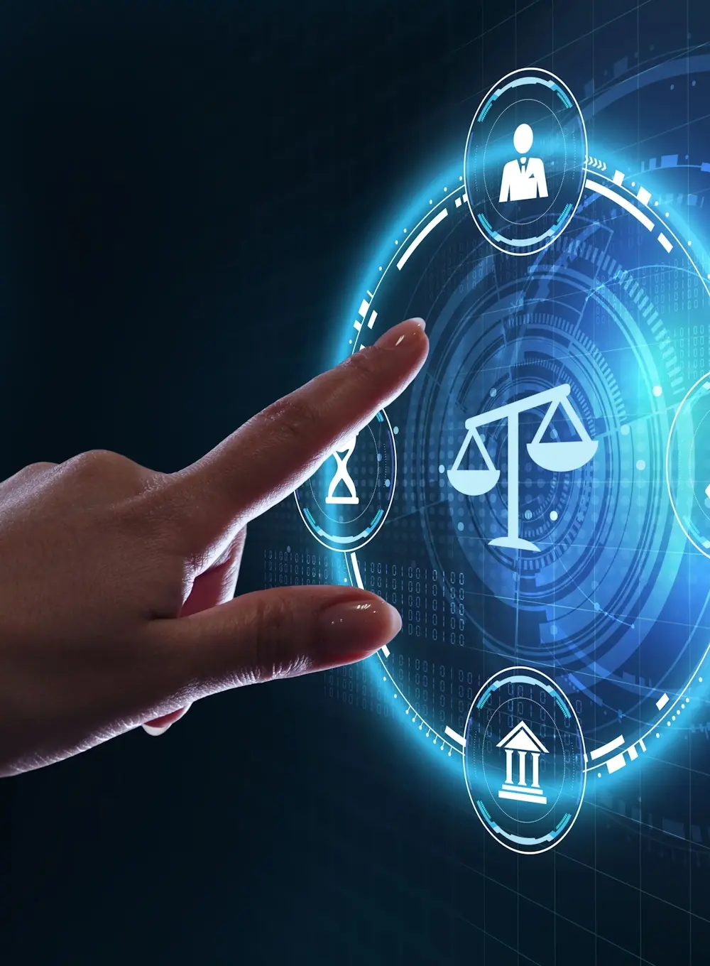 Human hand touching a digital screen with legal symbols, representing AI-powered legal intake tools.