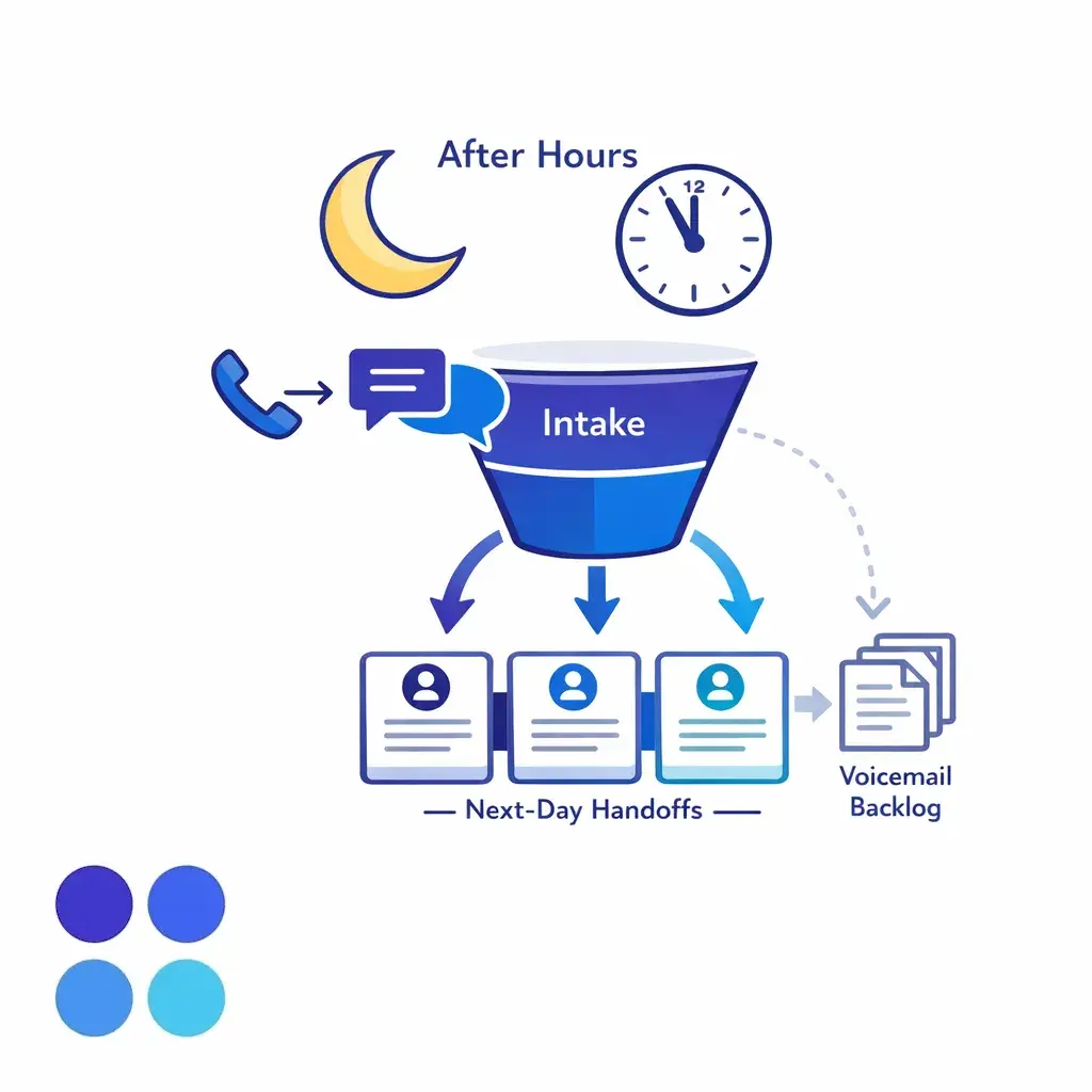 A moon-and-clock icon feeds new inquiries into a live intake funnel instead of a next-day backlog.