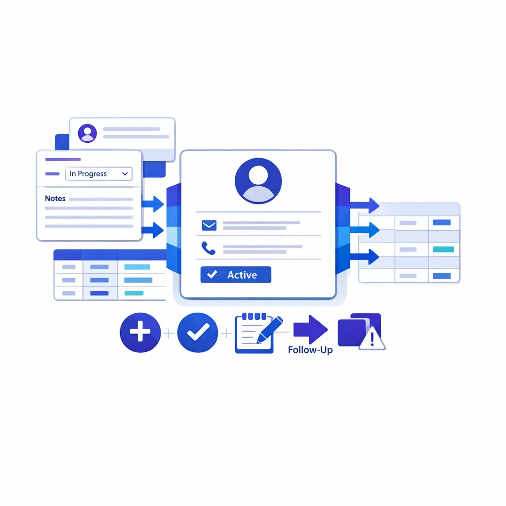 A tidy database dashboard visual shows records standardized, duplicates flagged, and follow-up fields completed.