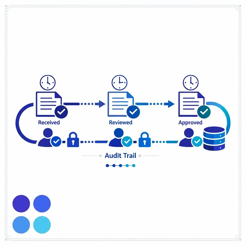 A document moves through time-stamped handoffs with visible ownership and audit checkpoints.